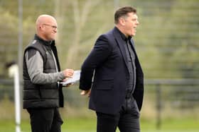 Dunipace manager Danny Smith and his assistant Alan Moffat on the touchline during the first round tie against Broxburn (Photo: Alan Murray)