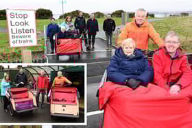 The £682,000 Bo’ness Greenways project is now complete following upgrades to the railway crossings. Inset: Cycling Without Age tri-shaw has a newly installed garage at the Corbie Inn.