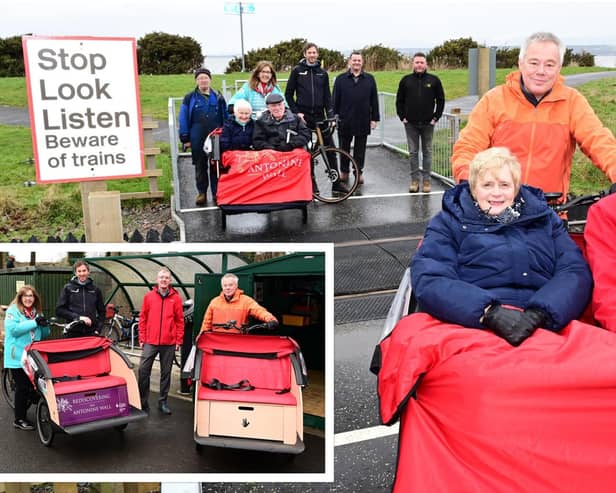 The £682,000 Bo’ness Greenways project is now complete following upgrades to the railway crossings. Inset: Cycling Without Age tri-shaw has a newly installed garage at the Corbie Inn.