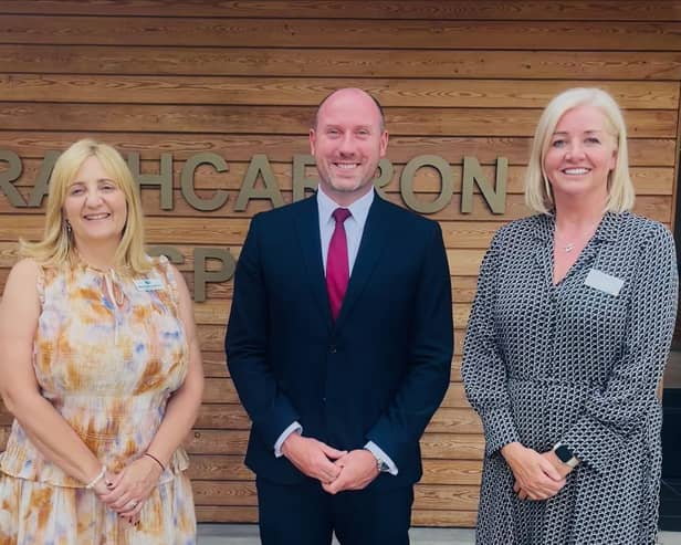 Health Secretary Neil Gray visits Strathcarron and meets CEO Mags McCarthy and Jacki Smart, Jacki Smart, chair of the Scottish Hospice Leadership Group. Pic: Contributed