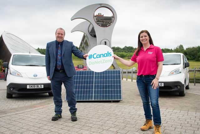 Transport Minister, Graeme Dey MSP, with Scottish Canals’ CEO Catherine Topley while visiting The Falkirk Wheel as Scottish Canals announces plans to reach net zero by 2030. June 30, 2021 (Pic: James Chapelard)