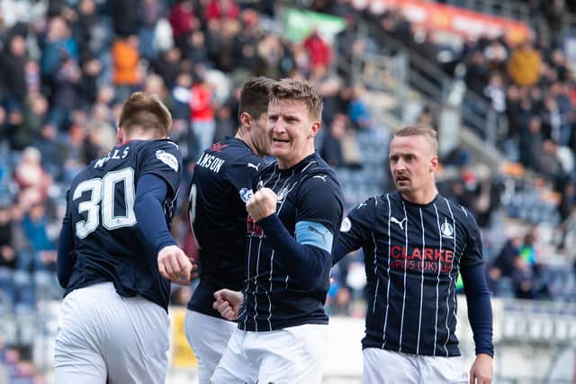 Falkirk won 3-1 last time out; Paul Watson pictured celebrates the crucial second goal to go ahead late on (Picture by Ian Sneddon)