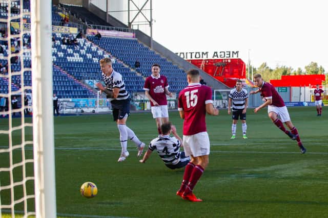 Jack Ogilvie equalises for Linlithgow in their 2-1 win over East Stirlingshire. (Pic: Scott Louden)