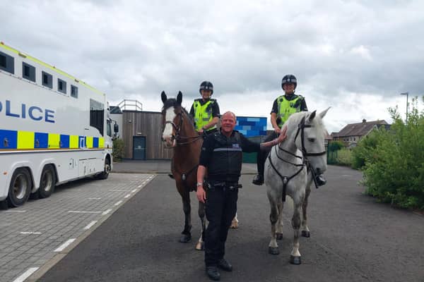 PC Marr joins Police Scotland colleagues from the mounted unit during a visit to Carrongrange High School (Picture: Submitted)