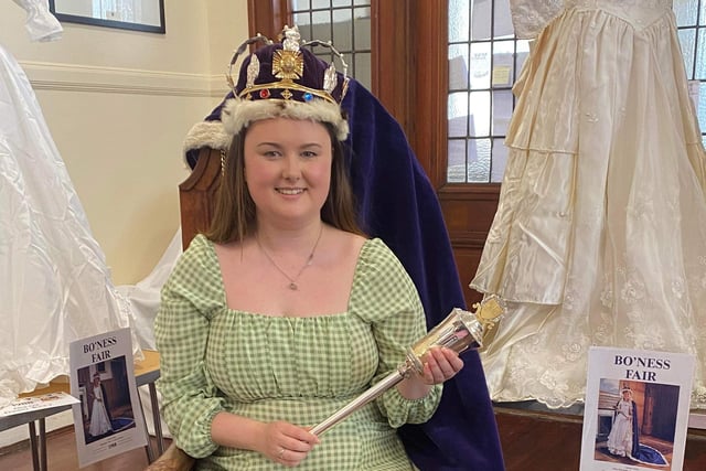 Bo'ness Fair for the Fair exhibition 2012 Queen Nicole Bell on the throne with the robe, crown and sceptre
