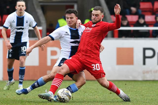 09-03-2024. Picture Michael Gillen. STIRLING. Forthbank Stadium. Stirling Albion FC v Falkirk FC. Season 2023 - 2024. Matchday 28. SPFL cinch League One. Dylan Tait 15 and Callum Crane 30.