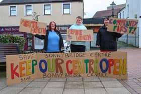 Arlene, Arron and Gemma from Bonnybridge Community Centre were among those attending the rally against the council's plans on Saturday.  Pic: Scott Louden