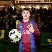 07-12-2024. Picture Michael Gillen. STENHOUSEMUIR. Ochilview Park. Stenhousemuir FC v Dumbarton FC. Season 2024 - 2025. Matchday 16. SPFL William Hill League One. Hattrick scoring, Matt Yates 10 with the match ball at the end of the game.