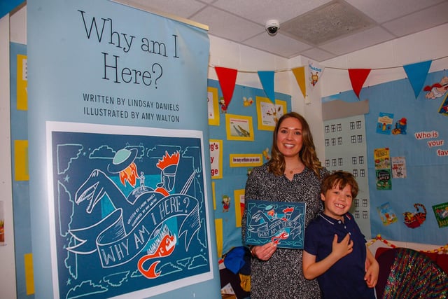 Lindsay Daniels from Bonnybridge doing a signing event for her book "Why Am I Here?" which was inspired by the thoughts of her son Finlay, 7, pictured