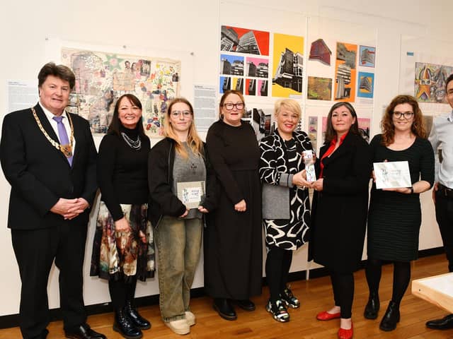 Shining a Light presentation, left to right: Pictured: Provost Robert Bissett; Rose O'Connor, Eden Consultancy Group; Sarlota Kellnerova; Gillian Smith, exhibitions officer Park Gallery; Mhairi McAinsh, principal teacher of art and design Larbert High School and DYW Coordinator DYW Forth Valley; Sylvia Corsie, art and design teacher Braes High School; Paula Carr art teacher at Carrongrange High School; and Douglas Cameron, Eden Consultancy Group. Pic: Michael Gillen