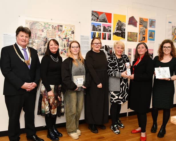 Shining a Light presentation, left to right: Pictured: Provost Robert Bissett; Rose O'Connor, Eden Consultancy Group; Sarlota Kellnerova; Gillian Smith, exhibitions officer Park Gallery; Mhairi McAinsh, principal teacher of art and design Larbert High School and DYW Coordinator DYW Forth Valley; Sylvia Corsie, art and design teacher Braes High School; Paula Carr art teacher at Carrongrange High School; and Douglas Cameron, Eden Consultancy Group. Pic: Michael Gillen