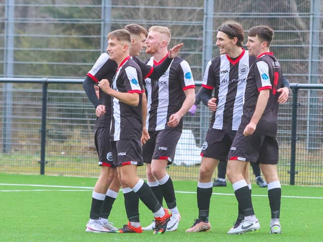 Dunipace v St Andrews Sam Colley scores to put Dunipace 2-0 up (Photo: Scott Louden)