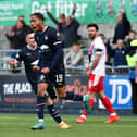 Rumarn Burrell celebrates scoring late equaliser for Falkirk against Airdrieonians (Pic Michael Gillen)