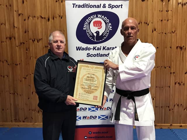 Councillor Alan Nimmo with Peter Rogers, 7th dan.
