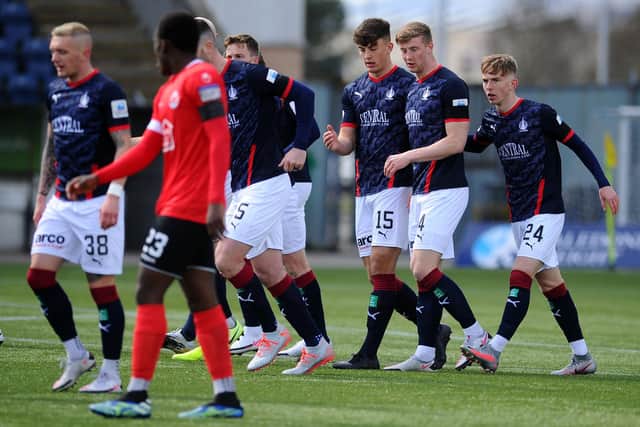Ben Hall and team-mates celebrating after Falkirk took the lead against Clyde today, April 10 (Picture: Michael Gillen)