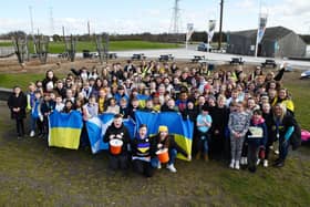 Bowhouse Primary School pupils were Walking for Ukraine with P4 to P7 pupils walking to the Helix and back