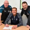 Tom Lang signs new deal with Falkirk until June 2027 in the company of manager John McGlynn and his assistant Paul Smith (Pics by Michael Gillen)