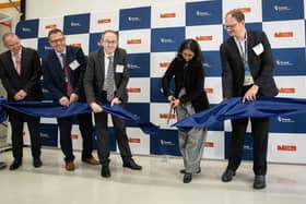 Ribbon cutting at Piramal Pharma Solutions in Grangemouth marks the completion of its £45m investment.  From left, Adrian Gillespie, Chief Executive of Scottish Enterprise; Herve Berdou, COO, Piramal Pharma Solutions; Francois Houbart, Managing Director and Grangemouth Site Head, Piramal Pharma Solutions; Nandini Piramal,
Chairperson, Piramal Pharma Limited and Peter DeYoung, CEO, Piramal Pharma Solutions.