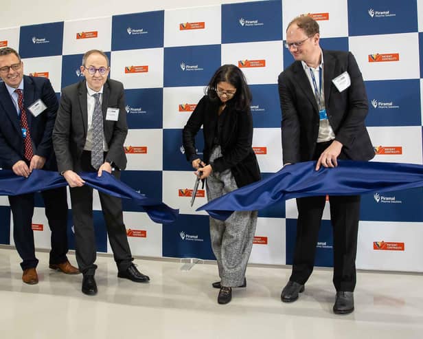 Ribbon cutting at Piramal Pharma Solutions in Grangemouth marks the completion of its £45m investment.  From left, Adrian Gillespie, Chief Executive of Scottish Enterprise; Herve Berdou, COO, Piramal Pharma Solutions; Francois Houbart, Managing Director and Grangemouth Site Head, Piramal Pharma Solutions; Nandini Piramal,
Chairperson, Piramal Pharma Limited and Peter DeYoung, CEO, Piramal Pharma Solutions.