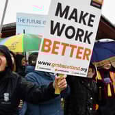 Workers take to the picket lines in Denny, near Falkirk. Picture: Michael Gillen/The Scotsman