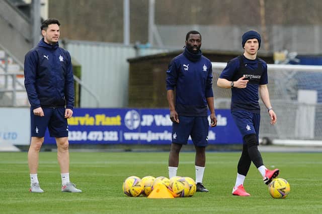 Gary Miller, Morgaro Gomis and Charlie Telfer at Falkirk's training session on Monday