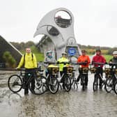 Some of the team cycling from the Falkirk Wheel to George Square, Glasgow to highlight the role of active travel in reaching net-zero.  Pic: Michael Gillen.