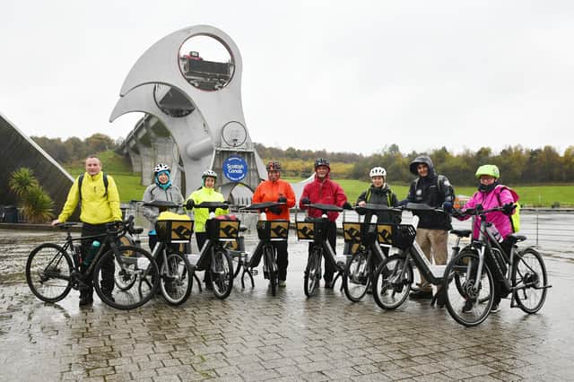 Some of the team cycling from the Falkirk Wheel to George Square, Glasgow to highlight the role of active travel in reaching net-zero.  Pic: Michael Gillen.