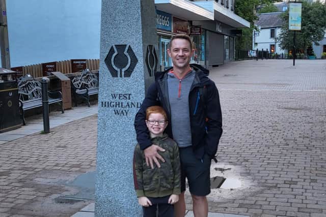 Jason Munro with son Jacob, seven, about to start his trek along the West Highland Way