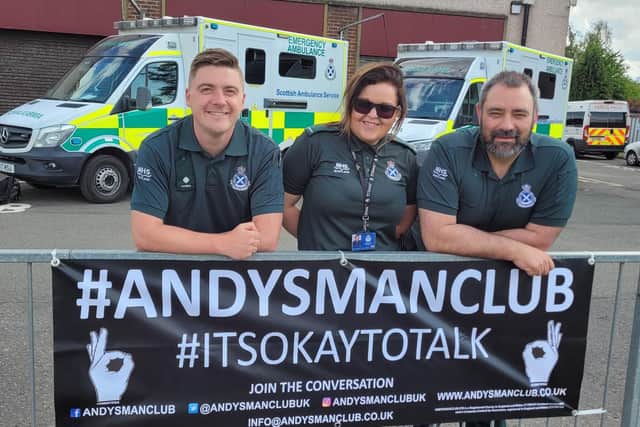 Jackie Adam's Scottish Ambulance Service colleagues Alex Holden, Ash Griffon and Grant Borg-Grech. Pic: Contributed