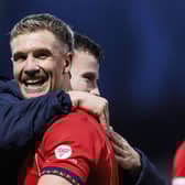 KIRKCALDY, SCOTLAND - JANUARY 25: Falkirk's Tom Lang celebrates at fulltime during a William Hill Championship match between Raith Rovers and Falkirk at Stark's Park, on January 25, 2025, in Kirkcaldy, Scotland. (Photo by Mark Scates / SNS Group)
