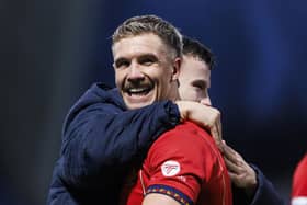 KIRKCALDY, SCOTLAND - JANUARY 25: Falkirk's Tom Lang celebrates at fulltime during a William Hill Championship match between Raith Rovers and Falkirk at Stark's Park, on January 25, 2025, in Kirkcaldy, Scotland. (Photo by Mark Scates / SNS Group)