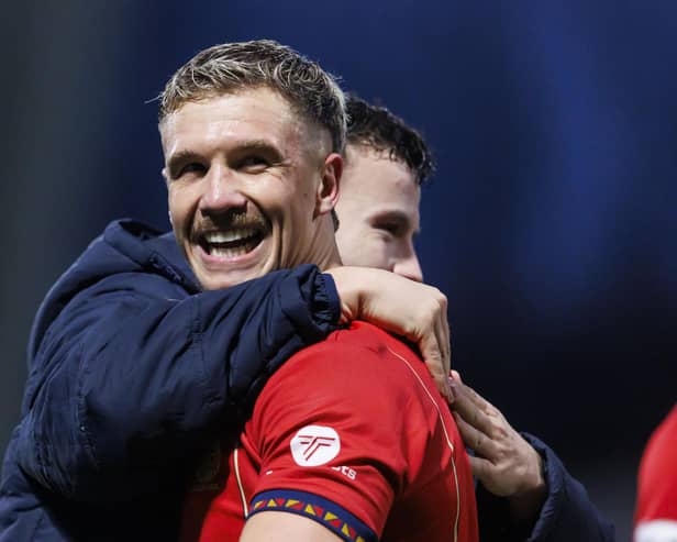 KIRKCALDY, SCOTLAND - JANUARY 25: Falkirk's Tom Lang celebrates at fulltime during a William Hill Championship match between Raith Rovers and Falkirk at Stark's Park, on January 25, 2025, in Kirkcaldy, Scotland. (Photo by Mark Scates / SNS Group)