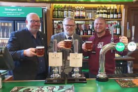 Barry Watts (Society of Independent Brewers), with Martyn and Brett enjoying a pint in Strangers' Bar at Westminster.