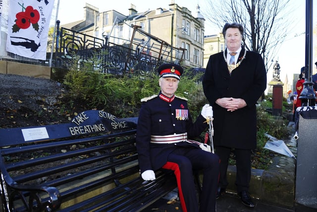 Lord Lieutenant Alan Simpson and Provost Robert Bissett unveiled the memorial bench in Lower Newmarket Street.
