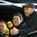 DUNFERMLINE, SCOTLAND - DECEMBER 27: BBC Presenter and ex-player James McFadden (R) during a William Hill Championship match between Dunfermline and Falkirk at KDM Group East End Park, on December 27, 2024, in Dunfermline, Scotland. (Photo by Ross Parker / SNS Group)