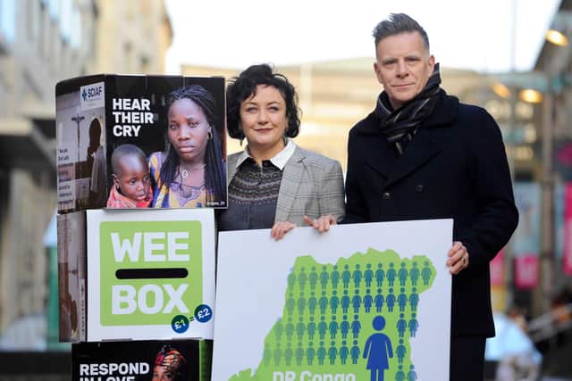 Deacon Blue stars Lorraine McIntosh and Ricky Ross launch Sciaf’s (Scottish Catholic International Aid Fund) 2020 WEE BOX BIG CHANGE appeal having just returned from seeing the charity’s work in the Democratic Republic of Congo (DRC). Pictured at Glasgow's St George's Tron Church in the city centre.
