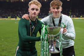 Celtic's Owen Moffat celebrates with the Premier Sports Cup (Left) (Photo by Craig Williamson/SNS Group)