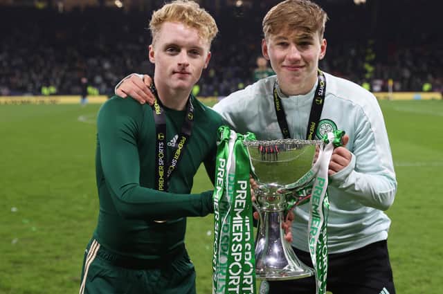 Celtic's Owen Moffat celebrates with the Premier Sports Cup (Left) (Photo by Craig Williamson/SNS Group)