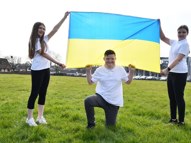 Walk for Ukraine from Bowhouse Primary to The Helix has been organised by Amelia Johnston , Harvey Edwards  and Zoe Laing. Pic: Michael Gillen