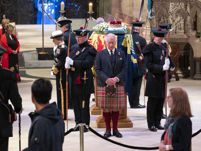 King Charles III and other members of the royal family hold a vigil at St Giles' Cathedral, Edinburgh, in honour of Queen Elizabeth II. Picture date: Monday September 12, 2022.