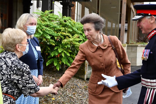 The Princess Royal is greeted by Strathcarron chief executive Irene McKie and its council of management chairpeson Shona Struthers as the Lord Lieutenant of Stirling and Falkirk, Alan Simpson, looks on