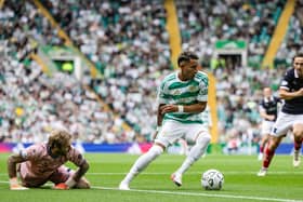 Celtic's Camilo Duran (centre) pounces on a mistake by Falkirk goalkeeper Scott Bain to score and make it 1-0 (Photo by Craig Williamson / SNS Group)