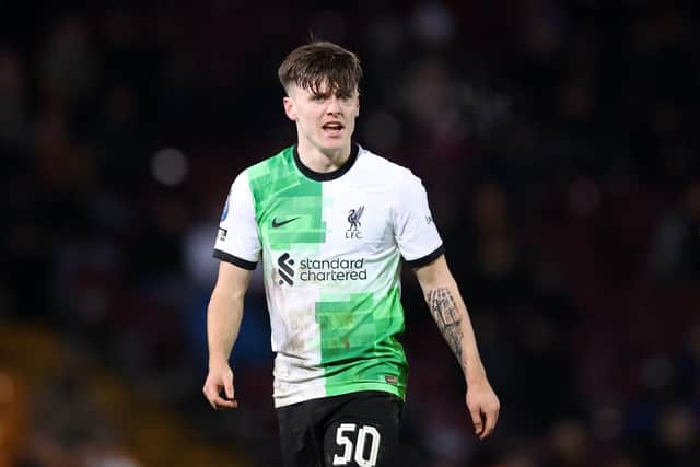 BRADFORD, ENGLAND - DECEMBER 05: Ben Doak of Liverpool reacts during the Bristol Street Motors Trophy match between Bradford City and  Liverpool U21 at University of Bradford Stadium on December 05, 2023 in Bradford, England. (Photo by George Wood/Getty Images)