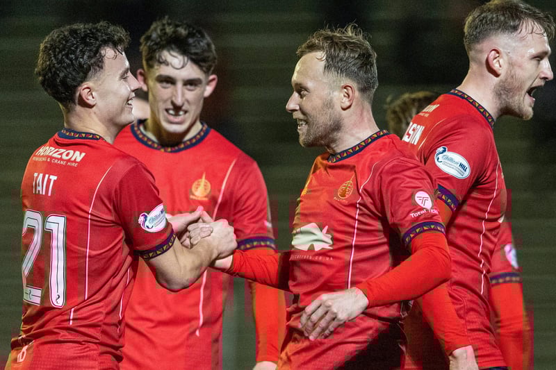 February 21, 2025, championship: Morton 0, Falkirk 2 Manager John McGlynn’s visitors got the better of opposite number Dougie Imrie’s hosts at Cappielow Park by 2-0 thanks to first-half goals from Scott Arfield and Ethan Ross, on 19 minutes and 27 respectively. Scott Arfield is pictured celebrating with Dylan Tait after putting the visitors 1-0 up (Photo by Mark Scates/SNS Group)