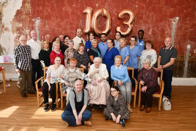Mary McCabe is joined by family, friends and staff to celebrate her 103rd birthday on April 4. Pic: Michael Gillen