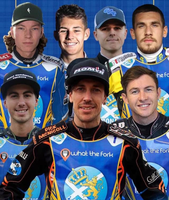 The 2022 Edinburgh Monarchs - (Back) Lasse Fredriksen, James Sarjeant, Jacob Hook, Paco Castagna (Front) Kye Thomson, Sam Masters, Josh Pickering