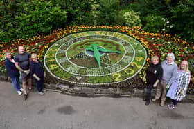 Unveiling this year's Dollar Park floral clock which is celebrating the 10th anniversary of the Kelpies. Pictured: Michelle Hutton, volunteer; Michael Paris, volunteer; Ruth Mulligan, sessional gardner Cyrenians; Pamela Hayworth, Falkirk Council unpaid work supervisor; Leslie Pryde chair of Friends of Dollar Park designer of the clock; and Lynda Ross-Hale, senior manager Cyrenians.