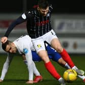 Aidan Keena on the ball for Falkirk during their 3-0 home defeat by Cove Rangers in December (Photo: Michael Gillen)