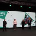 From left:  Neil McInroy Scottish Government Community Wealth Building Advisor, Emeritus Professor David Bell from the University of Stirling, Councillor Cecil Meiklejohn Leader of Falkirk Council, Councillor Ellen Forson Leader of Clackmannanshire Council, Councillor Scott Farmer Leader of Stirling Council and host, Bryan Burnett.
