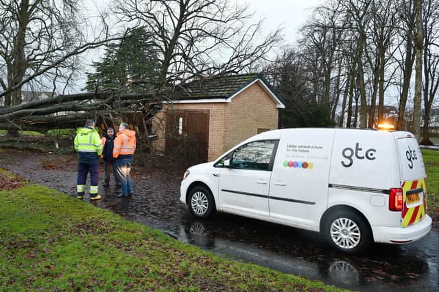 Workmen cannot enter the damaged sub-station which serves Kinnaird in Larbert until tree surgeons clear the fallen branches. Pic: Michael Gillen